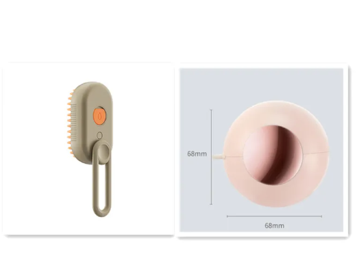 Beige cleaning brush with orange button and pink circular object on a white background